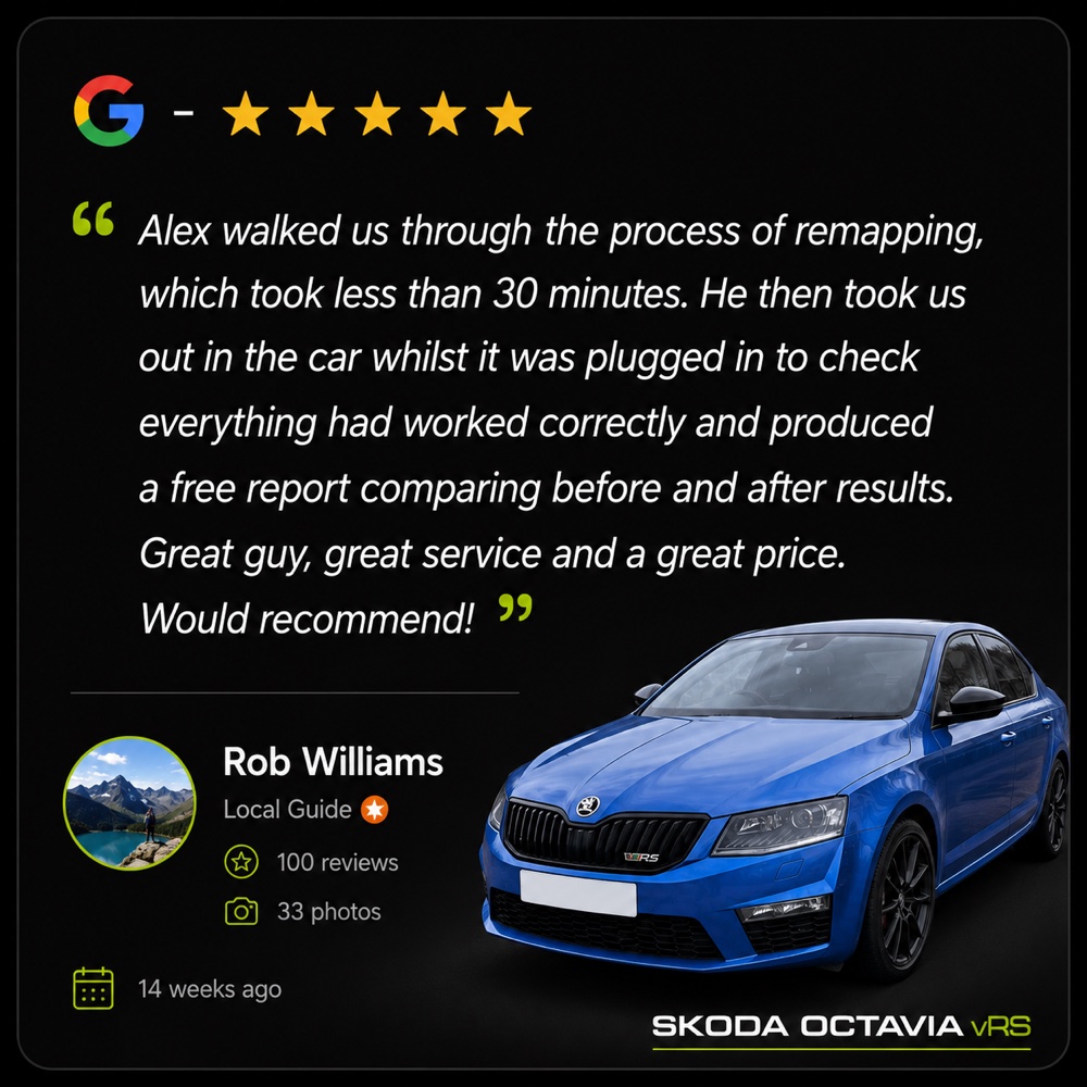 Five star Google review from Rob Williams (Skoda Octavia vRS): “Alex walked us through the process of remapping, which took less than 30 minutes. He then took us out in the car whilst it was plugged in to check everything had worked correctly and produced a free report comparing before and after results. Great guy, great service and a great price. Would recommend!”